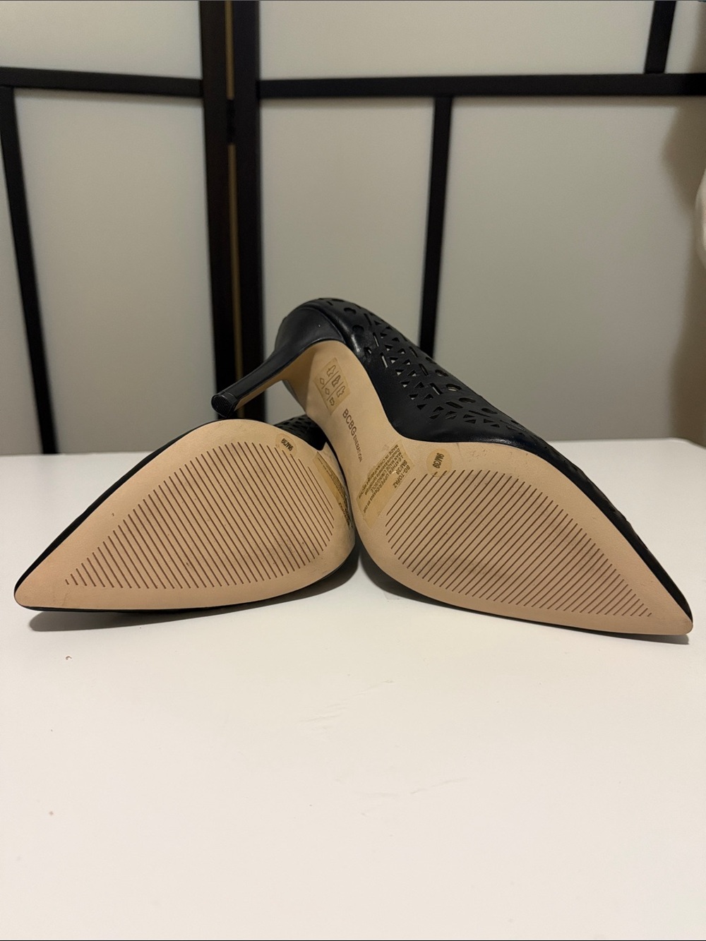 BCBGeneration Black Upper Leather Laser-Cut Pointed Toe Heels Size 9M/39 - Picture 12 of 15